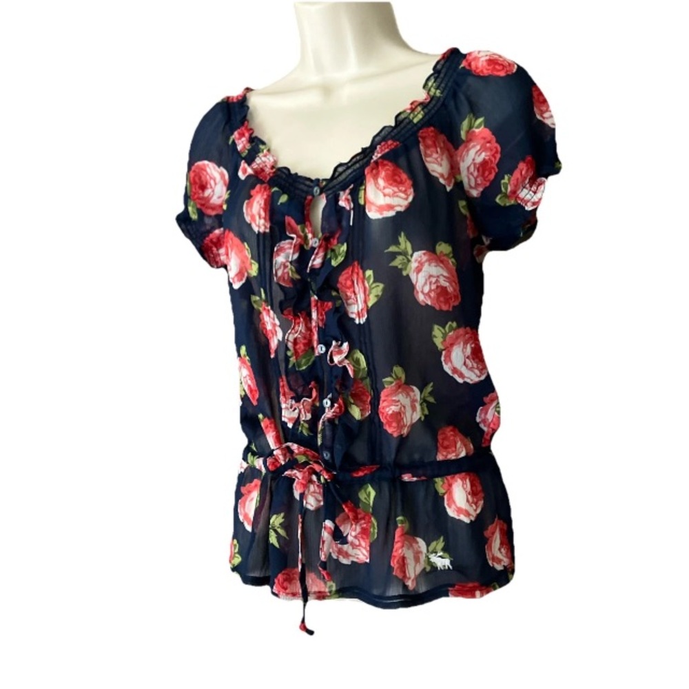 Abercrombie and Fitch Blouse Size Small Blue Floral Rose Puff Short Sleeve Print